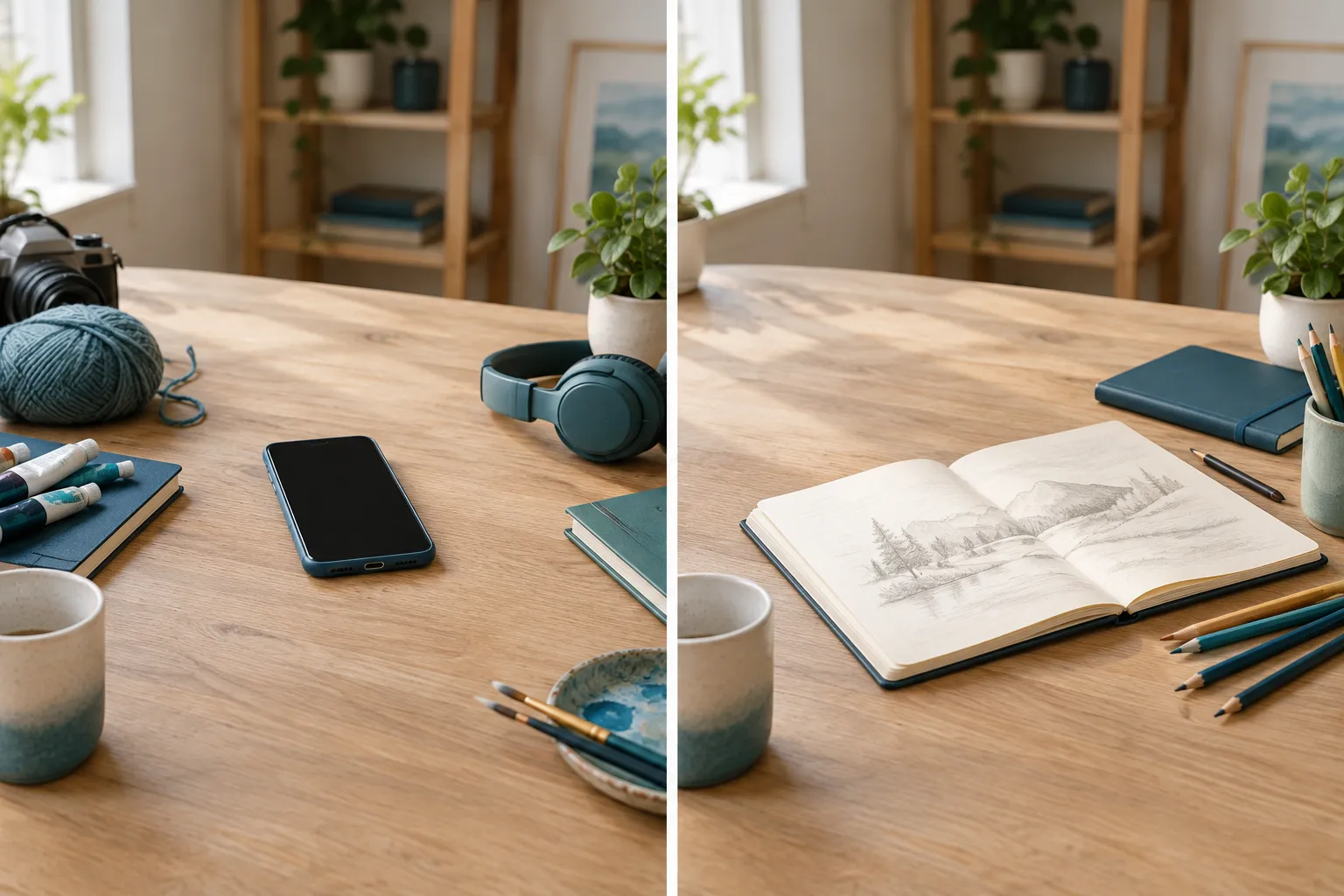 Tweeluik van dezelfde werktafel: links een telefoon tussen hobbyspullen, rechts een open schetsboek met potloden