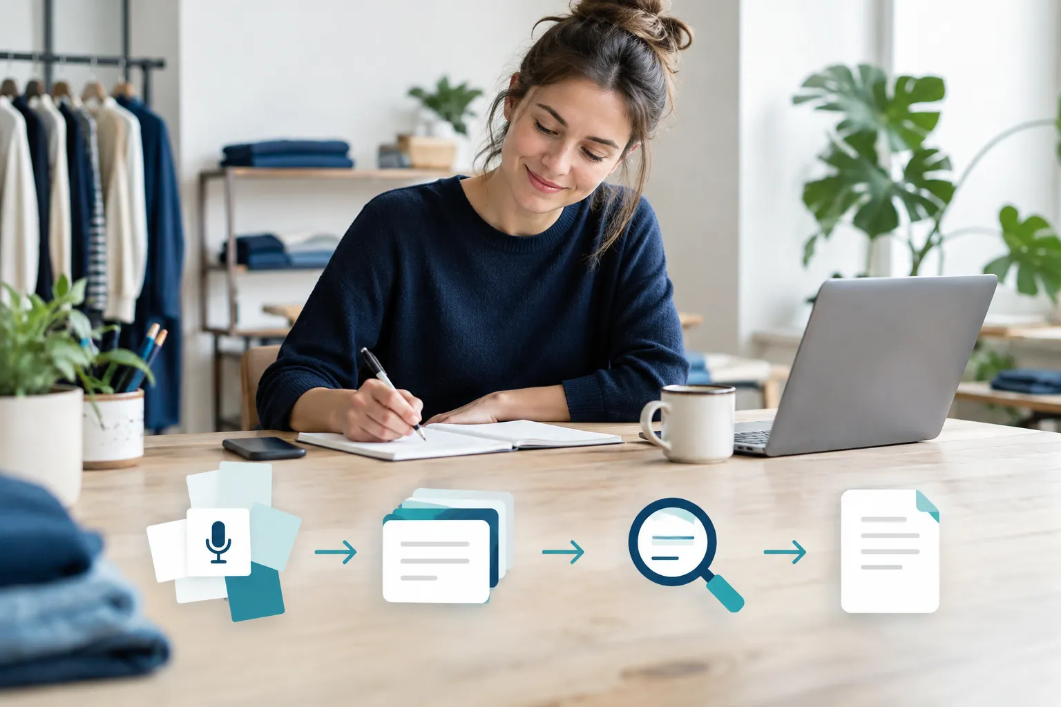 Een vrouw schrijft aan een winkelbureau, met onderaan pictogrammen van notities, een microfoon, documenten en controle