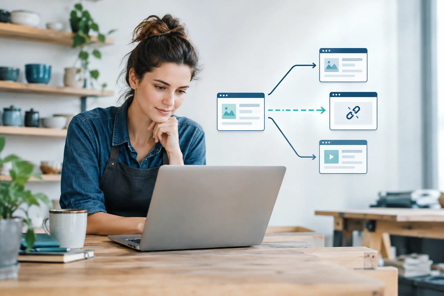 Een vrouw werkt op een laptop in een werkplaats, naast een schema met paginavlakken en een gebroken-linkicoon