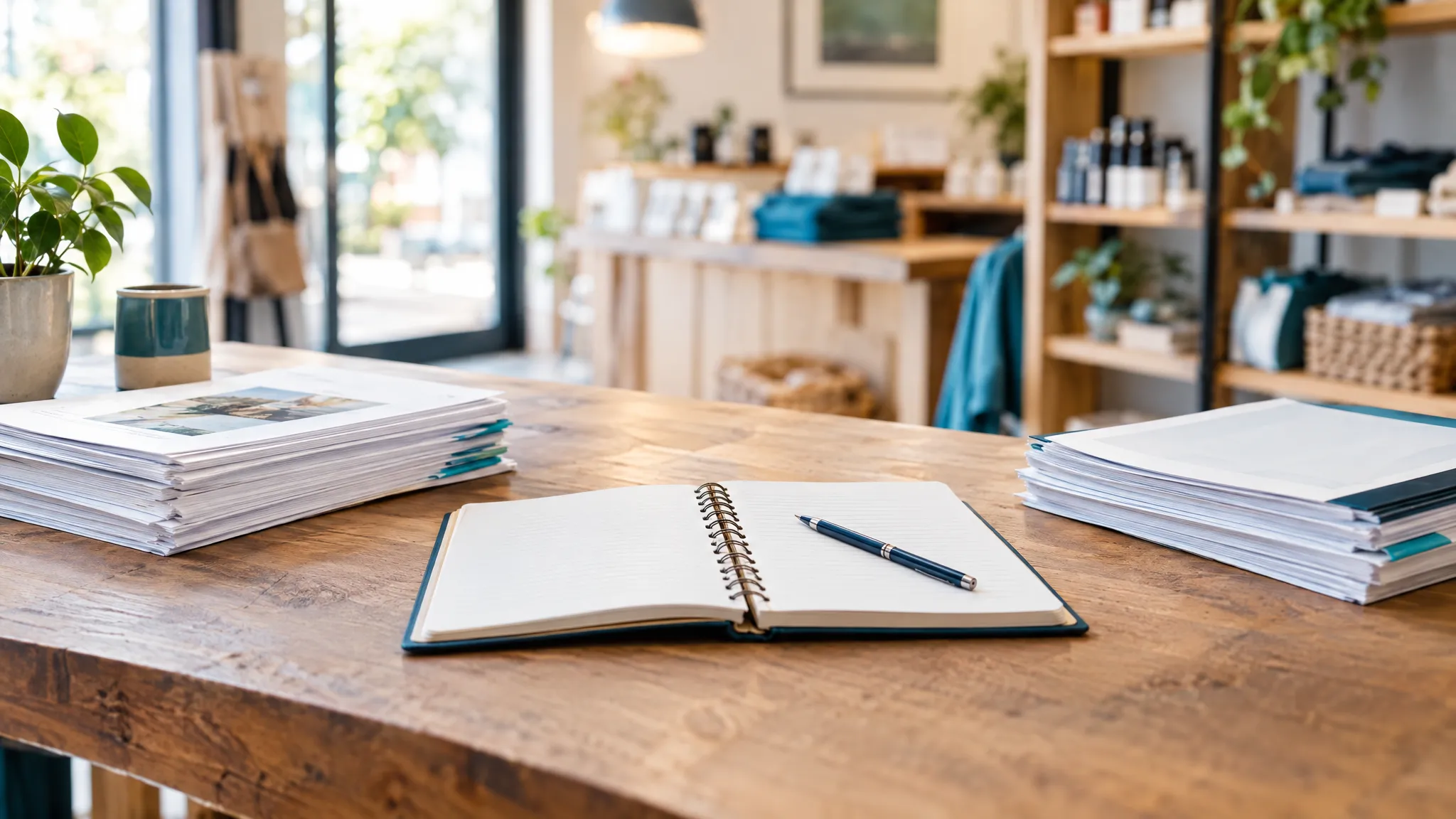 Een open notitieboek met een blauwe pen ligt tussen twee papierstapels op een houten tafel in een winkel